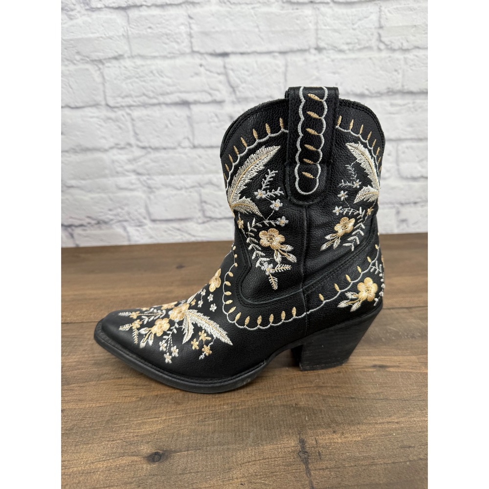 Dingo Primrose Women's 7 Black Leather Floral Embroidered Western Booties - Picture 9 of 13